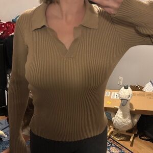 Ribbed Tan Collared Sweater